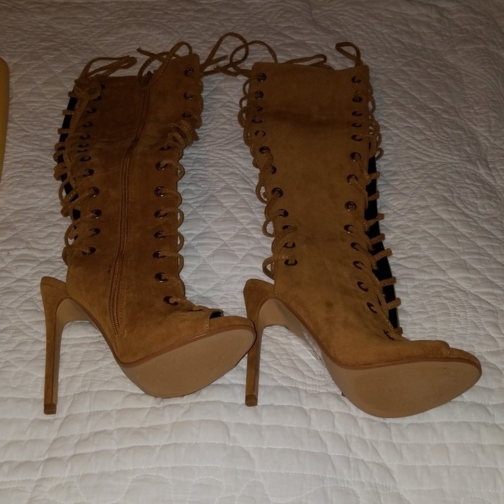 Open toe lace up tall boots